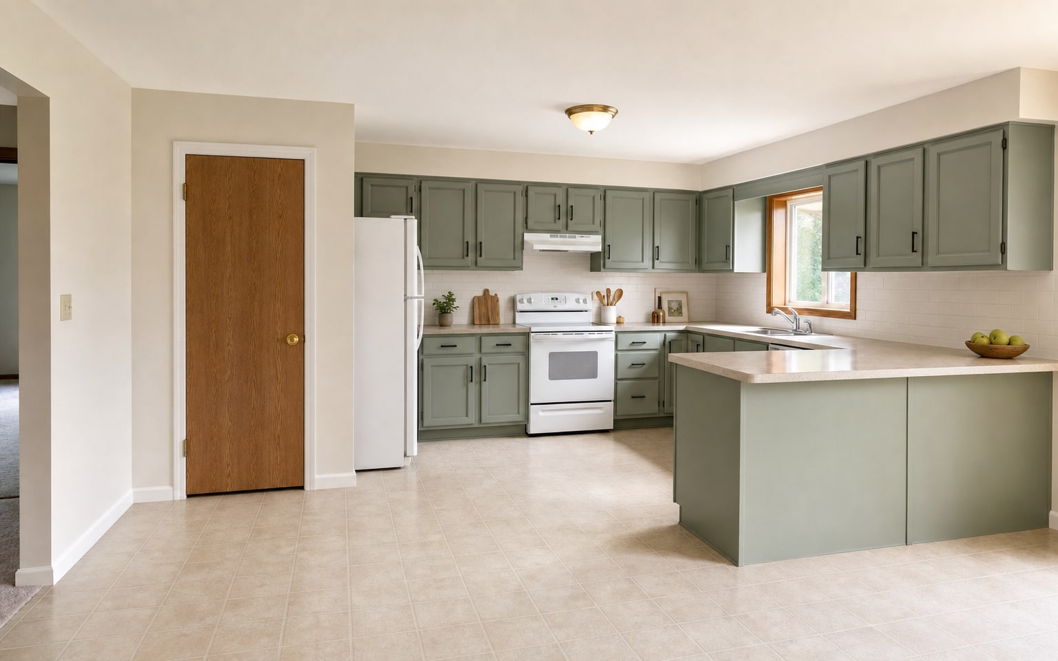 After image of the same kitchen with a modest cost-saving refresh, painted cabinets, retained appliance positions, retained floor, refreshed backsplash, and preserved door, window, cabinet, and peninsula layout.