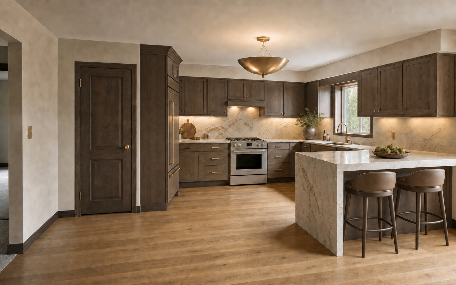 After image of the same kitchen with a custom luxury renovation, bespoke cabinetry, side-profile paneled refrigerator in the original bay, slab stone peninsula, counter stools, hand-set backsplash, hardwood floors, centered sculptural ceiling light, upgraded paneled door, warm wall finish, preserved soffit, and preserved door opening, window, appliance wall, and peninsula positions.